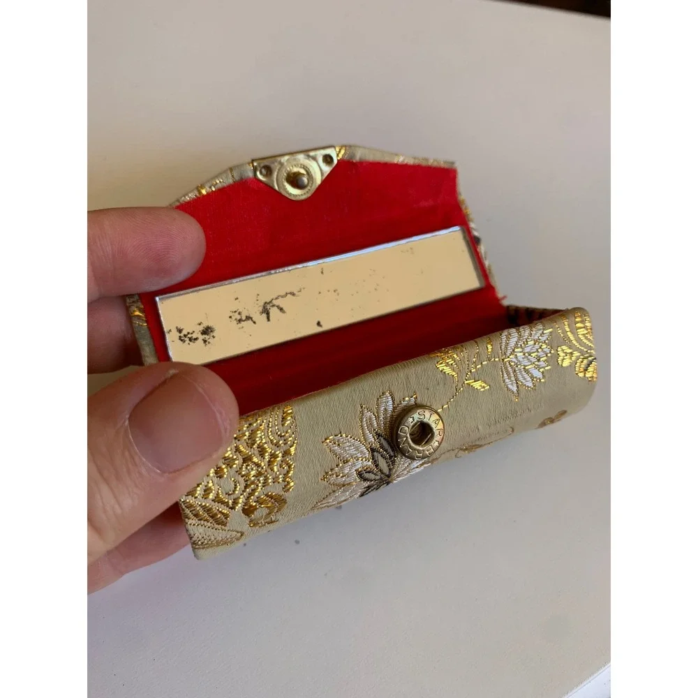 Vintage Brocade Lipstick Case Holder Gold Floral Embroidery Mirror Red Lining
